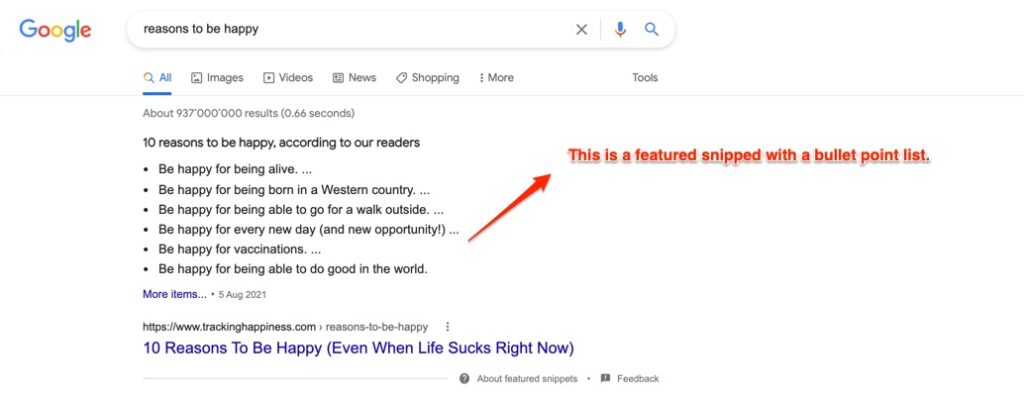 sample of featured snippet on search engine result page 