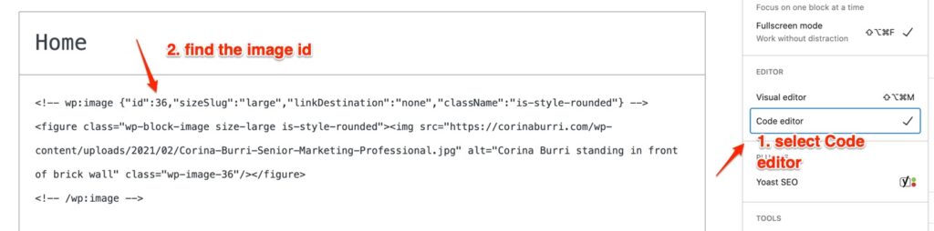 screenshot of code editor in WordPress to inspect image id