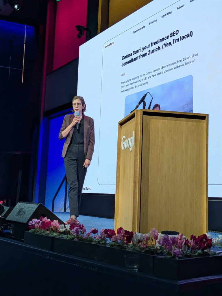 Corina Burri holding lightning talk at Google Search Central.