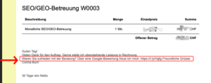 Mention on invoice - Corina Burri SEO Consultant