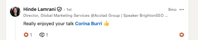 Public speaking testimonial from Hinde Lamrani for Corina Burri