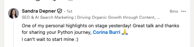 Public speaking testimonial from Sandra Depner for Corina Burri