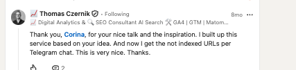 Public speaking testimonial from Thomas Czernik for Corina Burri